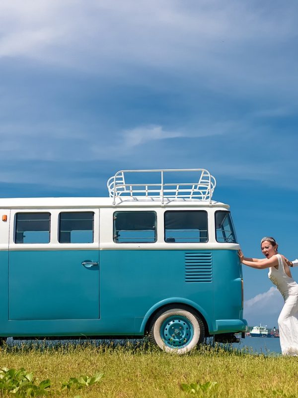 wedding, couple, vintage van